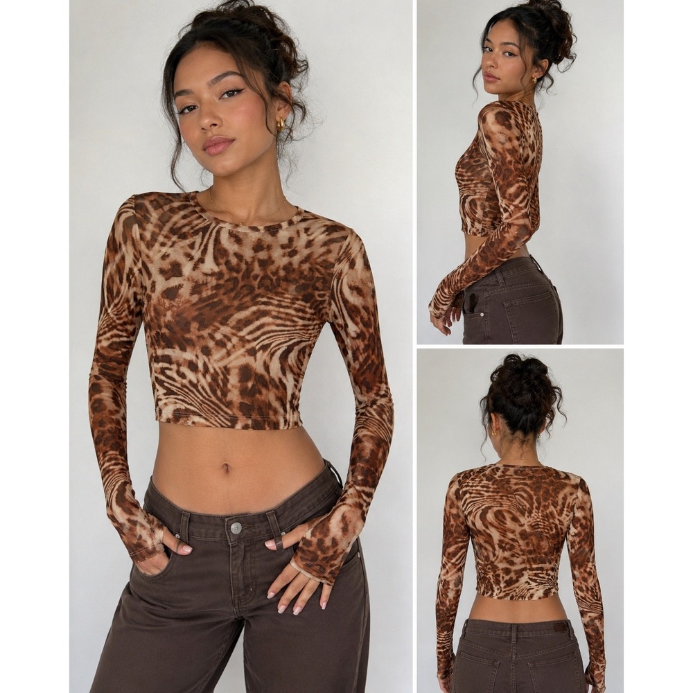 Chloe x Halle PINK Victoria's Secret Mesh Crop Top Brown Animal Print Small